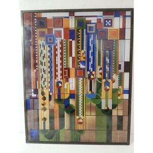 Frank Lloyd Wright Metal Framed Saguaro Cactus Flowers Stained Glass Art